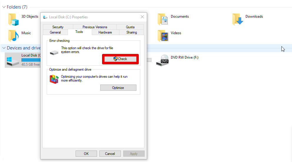 Fix hard drive errors by a check disk tool. 