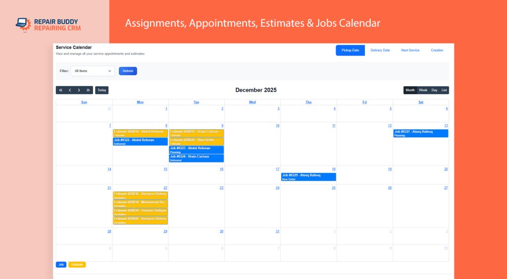 Technician assignments, appointments, jobs and estimates in a jobs calendar