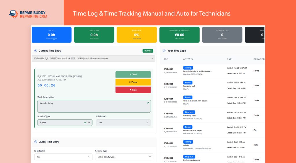 Time tracking and labor management by technicians