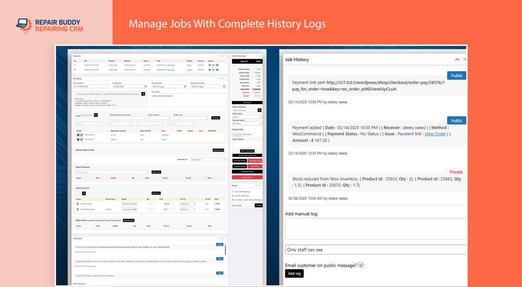 Complete repair job history and job logs for each and every repair record