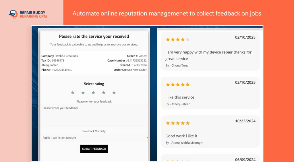 automate online reputation management to collect feedback on repair jobs