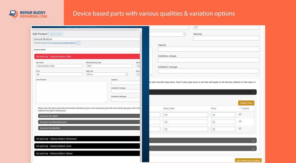 device based parts with various qualities and variations and inventory