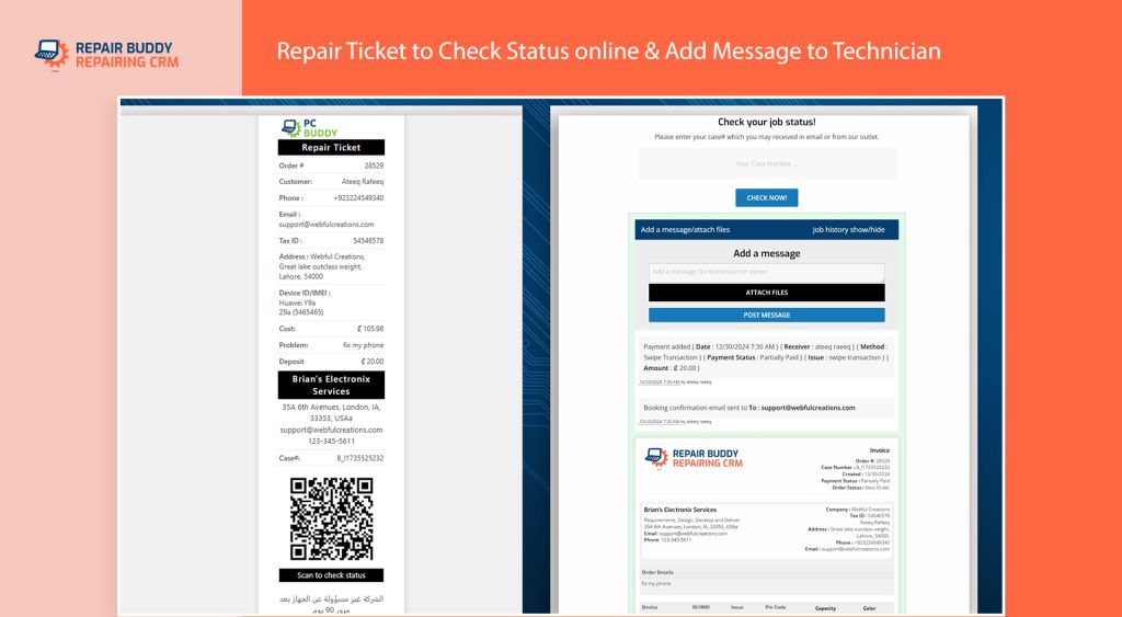 let customers track their jobs from repair tickets with job tracking or status check