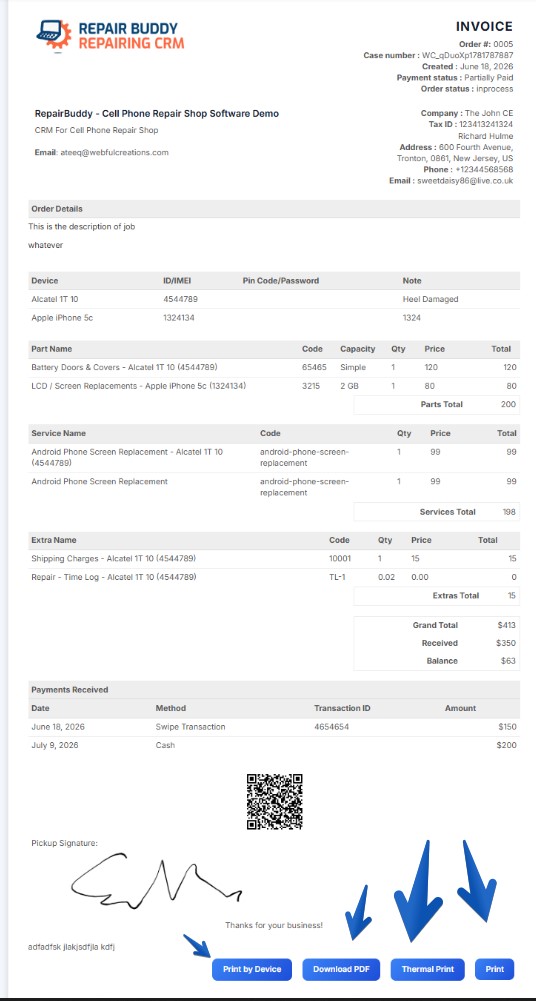 print invoice and provide to customer