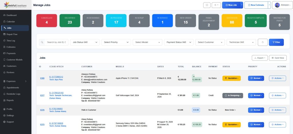 manage jobs with various filters and badges